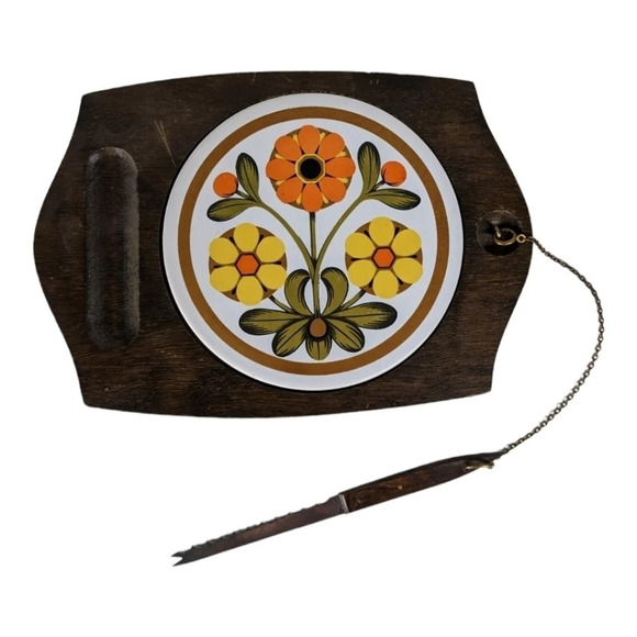 Vintage Retro 70s Patterned Cheese  Board with Knife - Picture 1 of 7